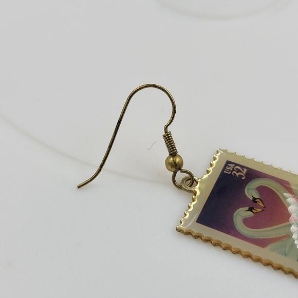 Swan Love 32 Cent Stamp Dangle Earrings Heart Gold Tone Postage Mail USA - Picture 4 of 12